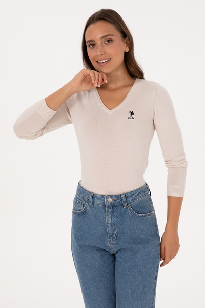 U.S. Polo Assn. Women's Cream V-Neck Basic Sweater 50307712-Vr071