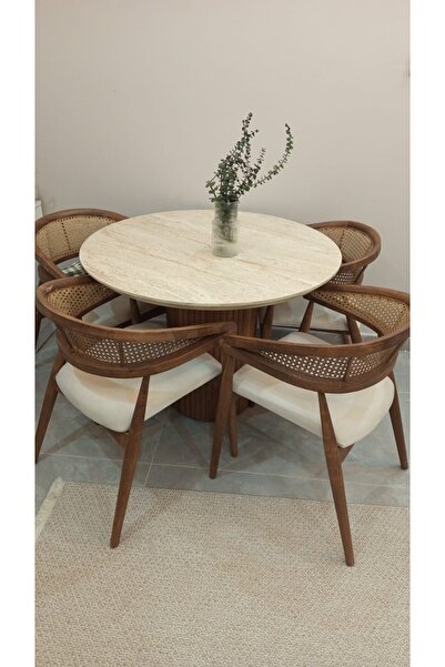 NORTE Yuvarlak Ahşap Masa Takımı Bohem 4 Kişilik Mutfak Masa Sandalye Takımı ...