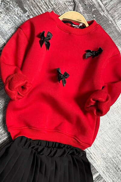 Riccotarz Girl's Ribbon Detailed 3 Thread Sweater Pleated Black Skirt Set