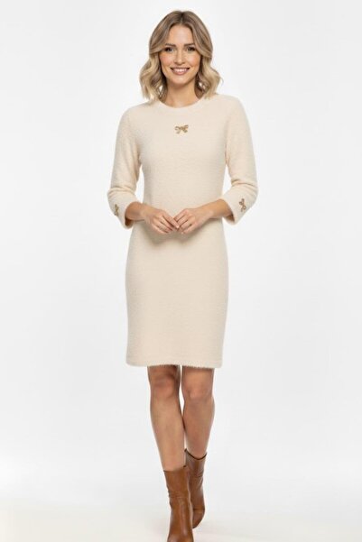 Manga Kadın Fiyonk Detaylı Triko Elbise M7504 Taş