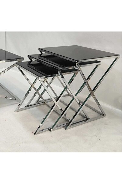 çelsan X Model Metal Ayaklı Sİyah 3'lü Sehpa - Gold ve Gümüş Renk Seçenekleri