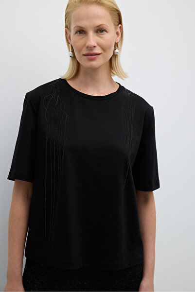 Roman Taş Baskılı Bisiklet Yaka T-shirt Siyah K2623809_001