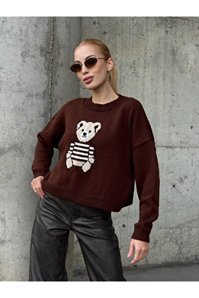 Le Savu Bear cu imprimeu guler rotund Tricotaj supradimensionat Pulover maro