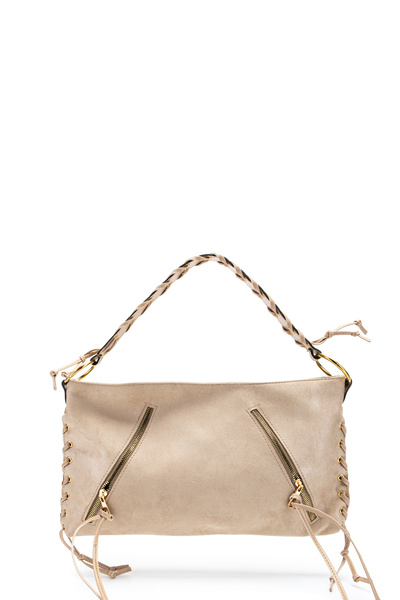 minebag Suede Texas Women's Shoulder Bag with Knitted Handle and Rope Pendant Detail, Beige