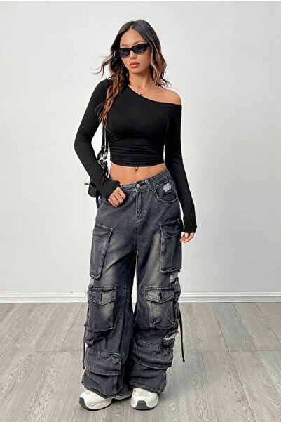 Tarz Cool Women's Asymmetrical Neck Long Sleeve Crop T-Shirt Black