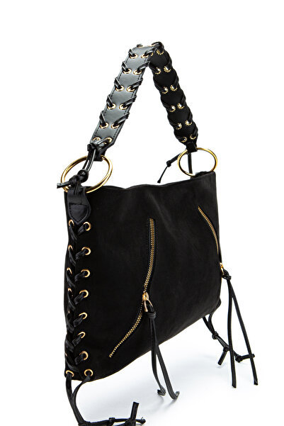 minebag Suede Texas Women's Shoulder Bag with Knitted Handle and Rope Pendant Detail, Black