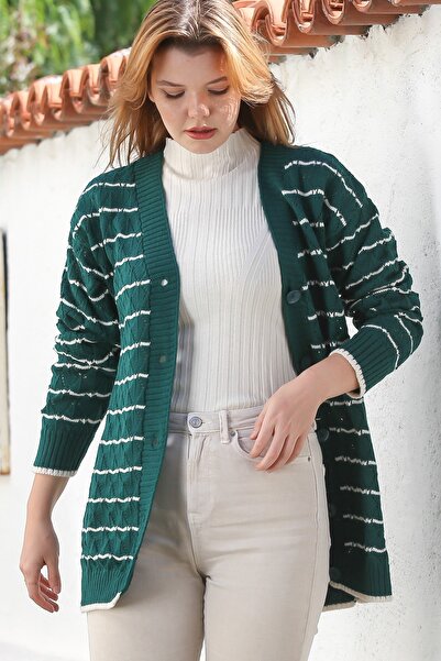 Chiccy Green-White V-Neck Long Sleeve Striped Buttoned Casual Openwork Knitwear Cardigan 80 62