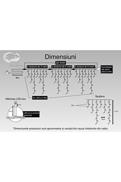 Flippy Lumini LED de Crăciun cu franjuri, 32 m, 943 LED-uri, alb rece, intermitent, interconectabile