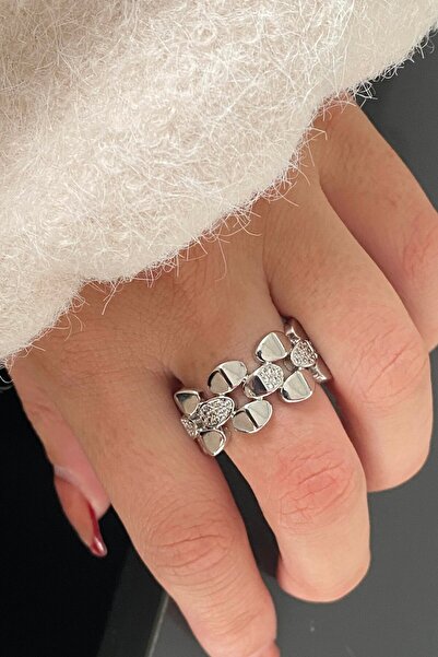 TAKIŞTIR خاتم فولاذي قابل للتعديل بتفاصيل حجر فضي