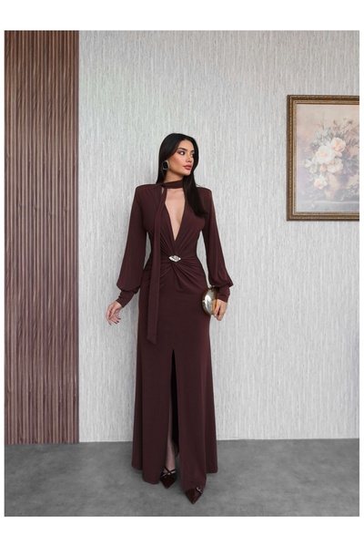 ESRAHELVACI Şal Yaka Ön Düğüm Tokalı Uzun Elbise