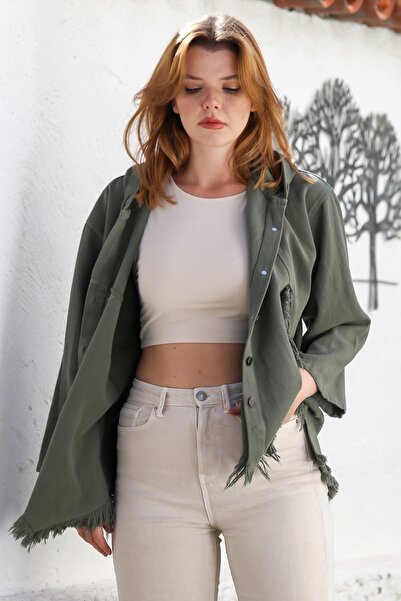 Chiccy Khaki Hooded Long Sleeve Mesh Detailed Casual Gabardine Woven Jacket with Tassel Trim at Hem 64 65