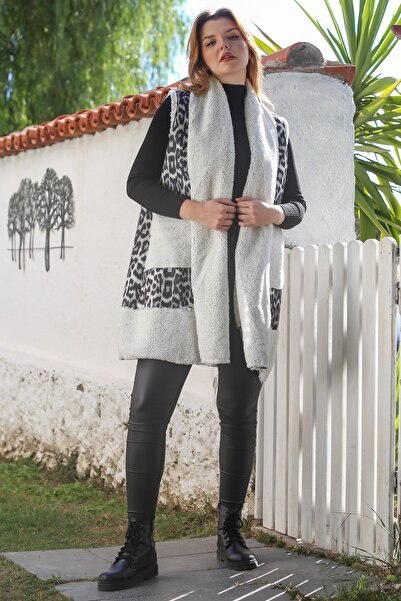 Chiccy Чорно-бежевий шарф з коміром без рукавів, з леопардовим візерунком, з кишенями, повсякденний плюшевий довгий тканий жилет 92 72