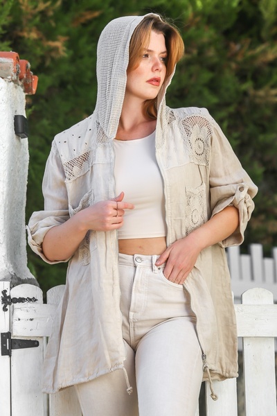 Chiccy Italian Beige K Hooded Buttoned Long Sleeve Zippered Pocket Mesh Detailed Linen Woven Jacket 75 65