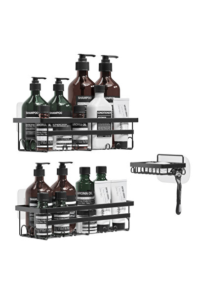 Wilford & Sons Set de 2 rafturi de duș și 1 săpunieră, oțel inoxidabil, negru...