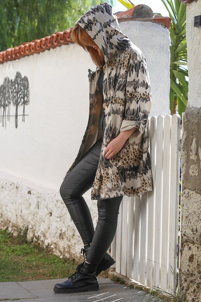 Chiccy Italian Beige-Anthracite K Hooded Buttoned Long Sleeve Leopard Pattern Pocketed Slim Casual Woven Jacket 88 72