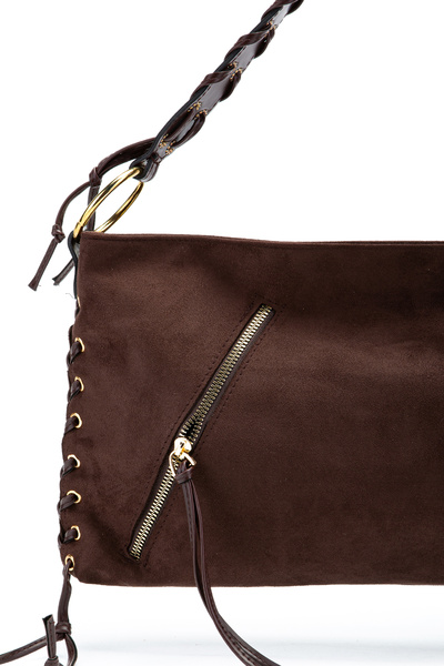 minebag Γυναικεία τσάντα ώμου από σουέτ Texas με λεπτομέρεια από κρεμαστό κορδόνι με πλεκτή λαβή καφέ