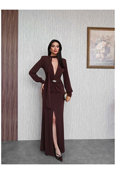 ESRAHELVACI Şal Yaka Ön Düğüm Tokalı Uzun Elbise