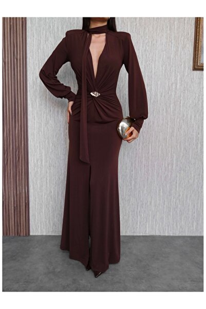 ESRAHELVACI Şal Yaka Ön Düğüm Tokalı Uzun Elbise