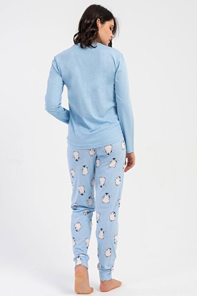 VİENETTA Kadın Mavi Renk Uzun Kollu Bisiklet Yaka Lastikli Paça Penguen Desenli Pamuklu Pijama Takımı C1T6N13