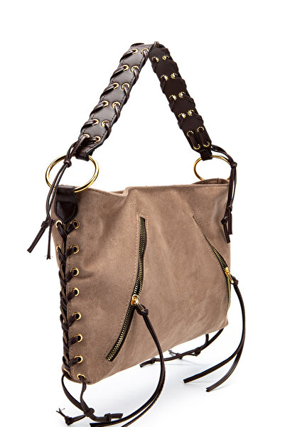 minebag Knitted Handle Rope Pendant Detailed Suede Texas Women's Shoulder Bag Mink