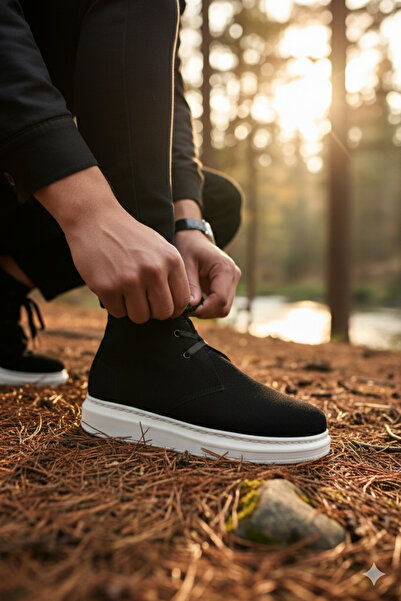 Zerenyus Ανδρικά αθλητικά μποτάκια ZRJ207 με κορδόνια ορθοπεδική σόλα μαύρο λευκό σουέτ