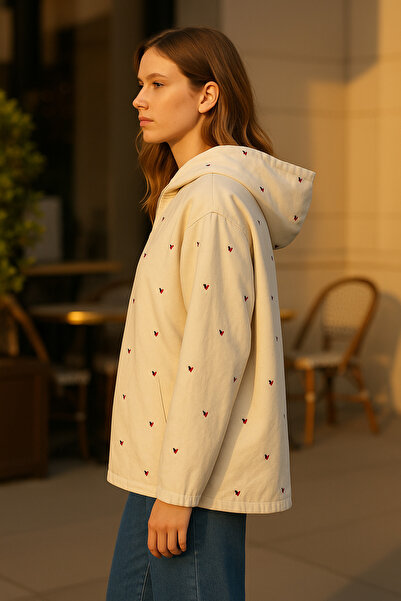 ESB Design Women's Beige Heart Embossed Printed Thin Hooded Loose Back Long Coat