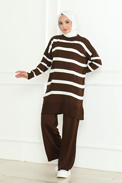 STİLZERAFET Women's Striped Knitwear Set Standard Size (38-46) Suitable