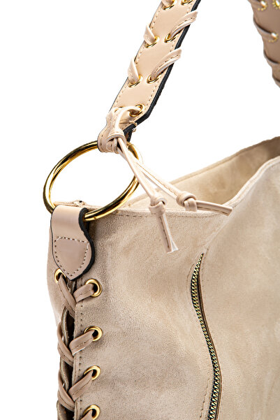 minebag Suede Texas Women's Shoulder Bag with Knitted Handle and Rope Pendant Detail, Beige