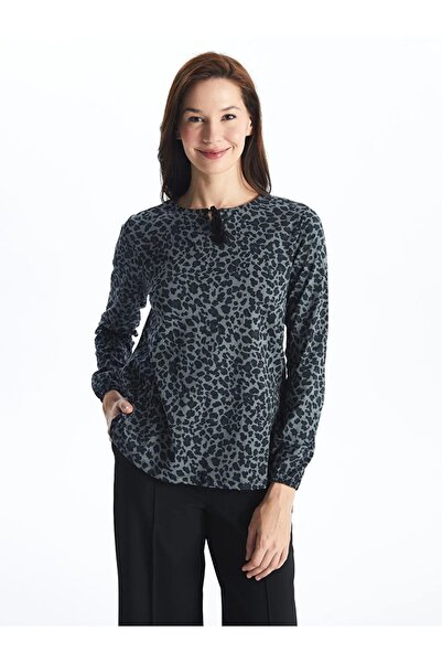 LC Waikiki LCW Grace Siyah Bağlamalı Yaka Desenli Uzun Kollu Kadın Bluz