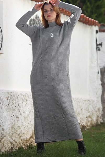 Chiccy Gray Half Turtleneck Long Sleeve Casual Long Knitwear Dress 140 68