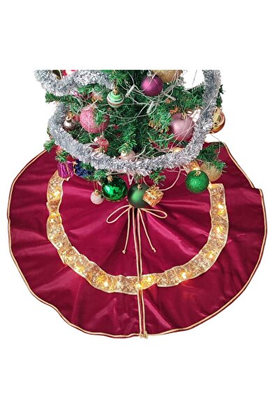 MODA NUR Led Lighted Christmas Pine Tree Underlay, Christmas Tree Underlay with Lights, Burgundy Color Velvet, 80 cm