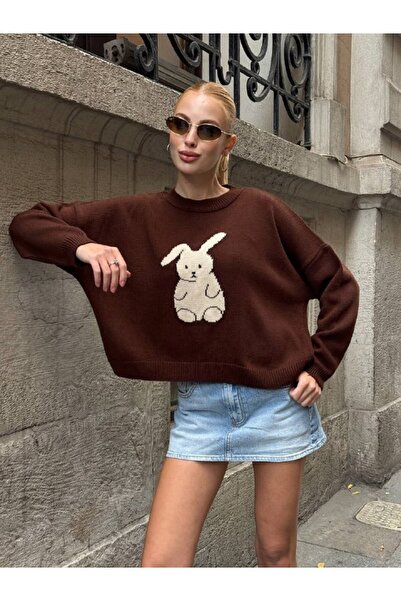 Le Savu سترة تافيان مطبوع تريكو برقبة دائرية قصة فضفاضة باللون البني