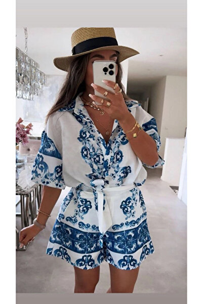 Buklemoda Linen Fabric Blue Patterned Top and Bottom Set