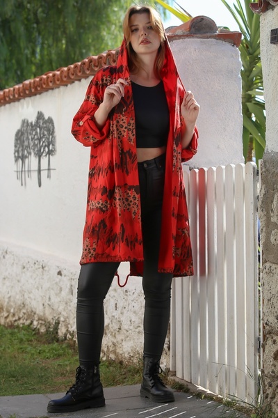Chiccy Italian Pomegranate Flower K Hooded Buttoned Long Sleeve Leopard Print Pocketed Slim Casual Woven Jacket 88 72