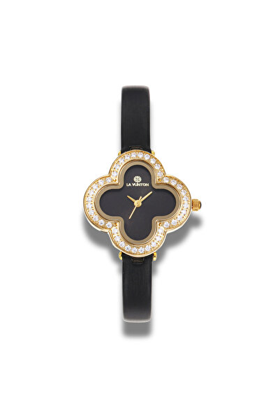 la vunton ساعة أنثوية فاخرة بقرص أسود وإطار ذهبي مرصع بالزركون – لمسة فخامة ل...