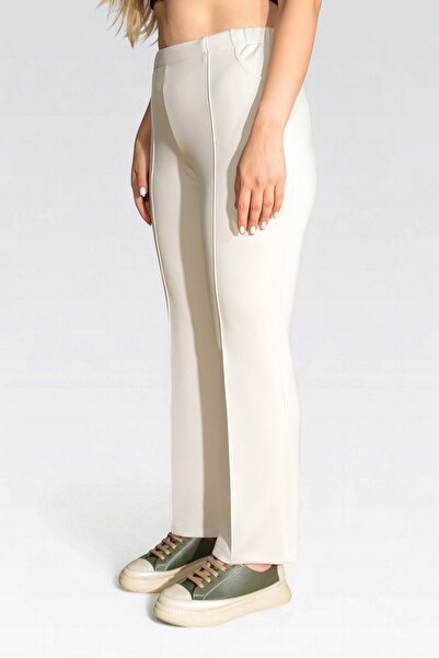 TOLGA SARAÇOĞLU 30307 Ekru Soft Textured Modal Fabric Knitted Pants