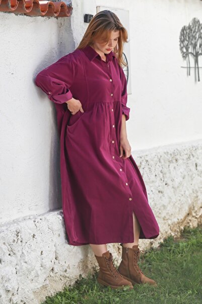 Chiccy Italian Wine-Colored Shirt Collar Buttoned Long-Sleeved Casual Velvet Woven Dress with Pockets 128 66