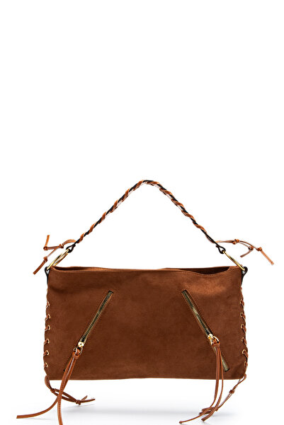 minebag Suede Texas Women's Shoulder Bag with Knitted Handle and Rope Pendant Detail, Brown