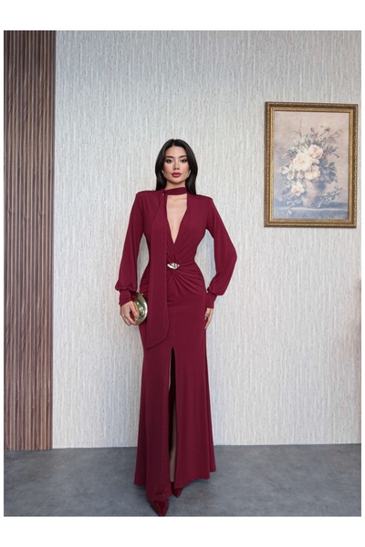 ESRAHELVACI Şal Yaka Ön Düğüm Tokalı Uzun Elbise