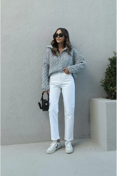 WODDİ Margaret White Mom Jean High Waist Detail Boyfriend Jeans-1