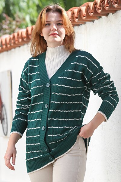 Chiccy Green-White V-Neck Long Sleeve Striped Buttoned Casual Openwork Knitwear Cardigan 80 62
