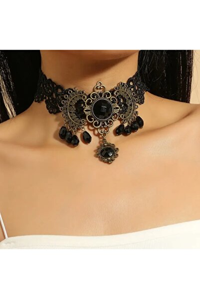 Feronnucci Siyah - Beyaz Dantel Gotik Choker Kolye – Vintage Kameo GTK24