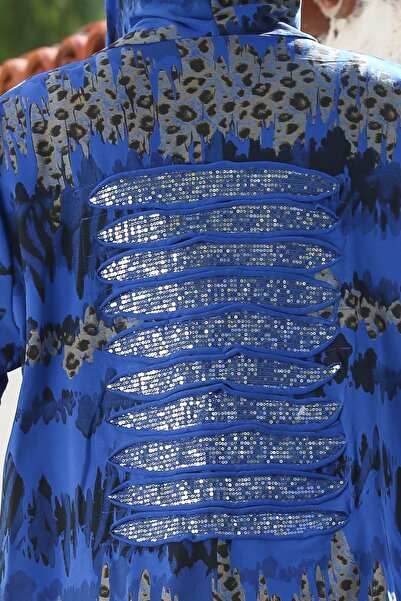 Chiccy Jachetă italiană albastră K cu cu glugă nasturi, cu mânecă lungă, cu imprimeu leopard buzunare, subțire, casual, țesută 88 72