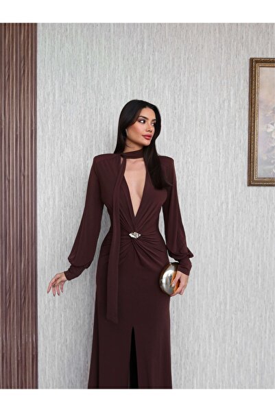 ESRAHELVACI Şal Yaka Ön Düğüm Tokalı Uzun Elbise
