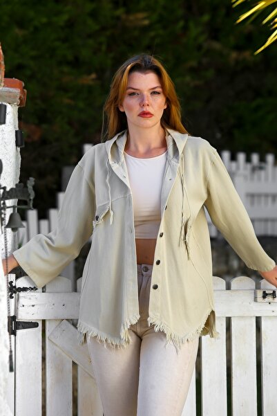 Chiccy Beige Hooded Long Sleeve Mesh Detailed Casual Gabardine Woven Jacket with Tassel Trim at Hem 64 65