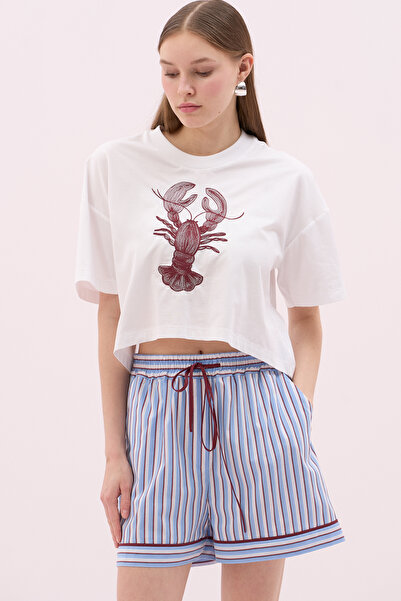 Roman Istakoz Nakışlı Kısa Kol Bisiklet Yaka T-shirt Beyaz Y2523815_002