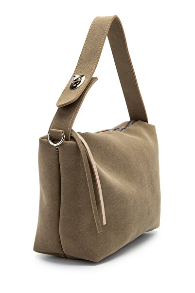 minebag Suede Nolan Women's Shoulder Bag with Opening and Closing Details Mink