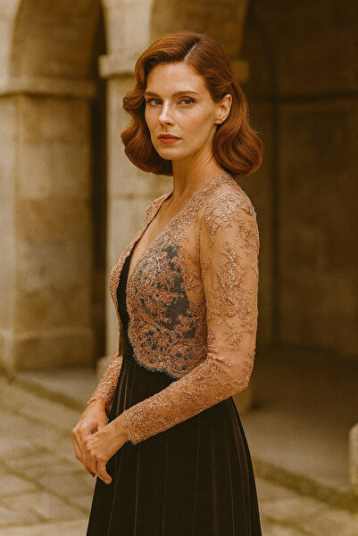 ŞIK VE MUTLU Tulle Lace Faux Pearl Embroidered Bolero Kaftan