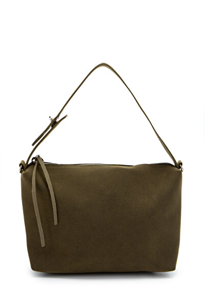 minebag Suede Nolan Women's Shoulder Bag Khaki with Opening and Closing Details