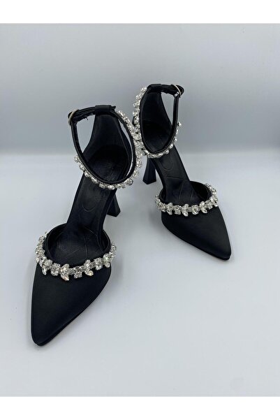 Ömer Ediz Shoes ALLYS Чорні атласні жіночі туфлі на підборах 9 см з кришталевими вставками